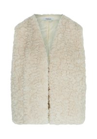Gilet in finta pelliccia di un morbido beige, caratterizzato da un esterno testurizzato e morbido e un fodera interna liscia. Design con apertura frontale, senza chiusure.