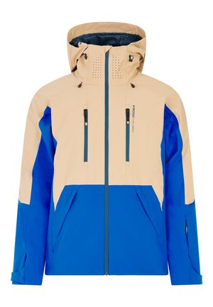 Blauwe en beige waterdichte jack met capuchon, ritszakken en ventilatie-details. Heeft een gestructureerd patroon op de stof.