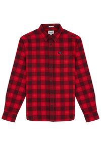 Chemise à carreaux rouge et noir, à manches longues, design avec col, avec une poche et une étiquette de marque sur la poitrine. Tissu texturé.