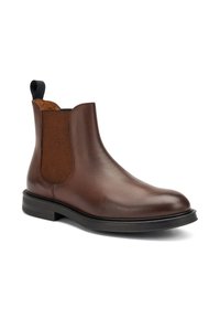 Bruine leren Chelsea-boot met een slank ontwerp, elastische zijkanten, getextureerde accenten en een zwarte rubberen zool.