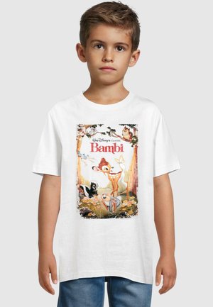 Weißes Baumwoll-T-Shirt mit einer bunten Illustration von Charakteren aus "Bambi", umrahmt von Naturelementen mit orangefarbenen und grünen Akzenten.