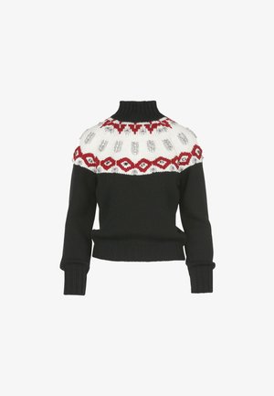 Juodas megztinis su aukštu kaklu, baltos ir raudonos spalvos raštuotu pečiu, puoštas sidabro spalvos blizgučiais, ilgomis rankovėmis ir briaunuotais rankogaliais bei apačia.