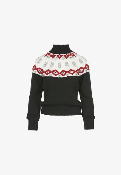 Crni pleteni rolka džemper s bijelim i crvenim uzorkom na podstavi ukrašen srebrnim šljokicama, dugim rukavima i rebrastim manšetama i rubom.