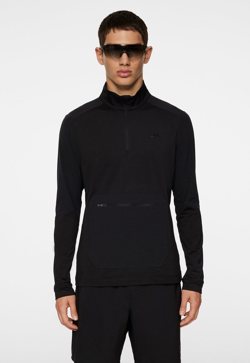 Svart zip-up långärmad tröja med ståkrage, med en ficka fram med dragkedja, slät textur och minimalistisk design.