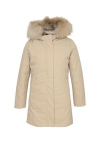 Cappotto invernale beige con cappuccio, dotato di profilo in pelliccia sintetica staccabile, maniche lunghe e tasche laterali, realizzato in materiale liscio e trapuntato.