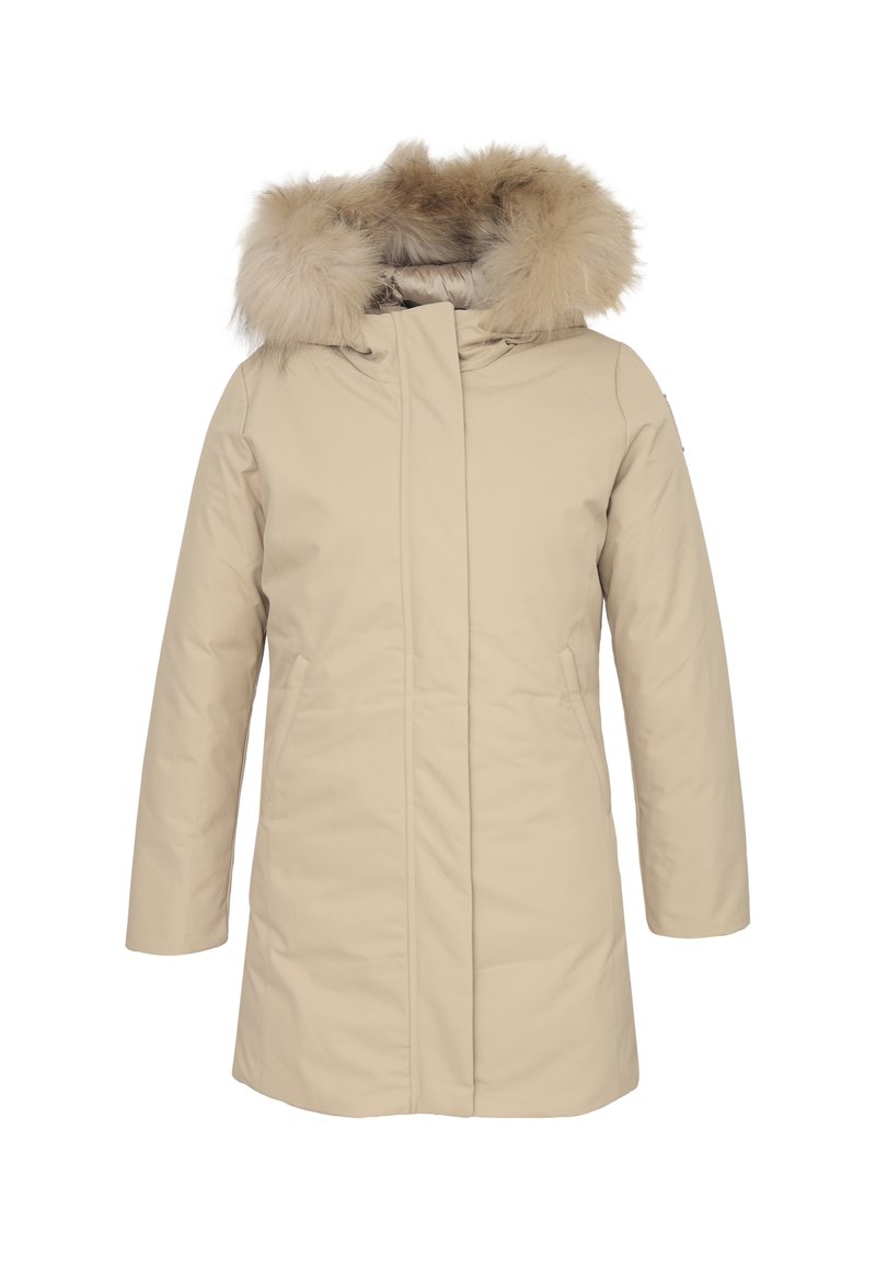 Cappotto invernale beige con cappuccio, dotato di profilo in pelliccia sintetica staccabile, maniche lunghe e tasche laterali, realizzato in materiale liscio e trapuntato.