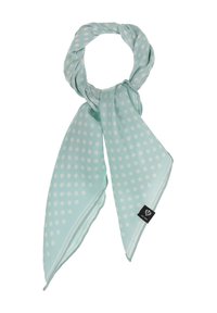 Écharpe en soie bleu clair avec des pois blancs, présentant une texture lisse et des extrémités pointues, nouée en boucle avec une étiquette sur un côté.