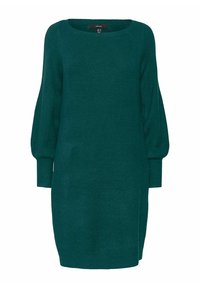 Teal stickad klänning med rund hals, långa ballongärmar, ribbade manschetter och en avslappnad passform, som erbjuder en mjuk textur.