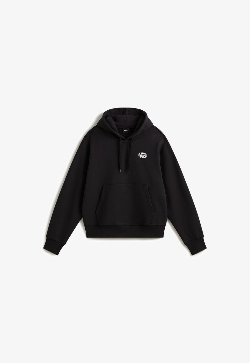 Černá mikina Vans s klokánkou kapsou, kapucí se stahovací šňůrkou, žebrovanými manžetami a malým bílým logem Vans na levé straně hrudi.