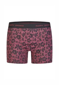 Bordeaux boxerky s černým květinovým vzorem, elastickým pasem s nápisem "ŠŤASTNÉ BOXERKY" a přiléhavým designem pro pohodlí.