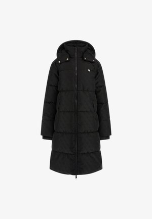 Schwarze Pufferjacke mit Kapuze, ausgestattet mit einem Reißverschluss, goldfarbener Hardware und einem dezenten, tonalen Logo-Muster im gesamten Stoff.