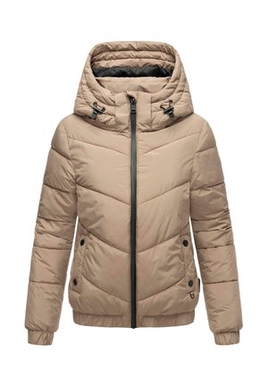 Beige, gewatteerde pufferjas met een hoge kraag, ritsluiting, twee zijzakken, een capuchon met trekkoord en ribgebreide manchetten. Voorzien van een chevronpatroon.