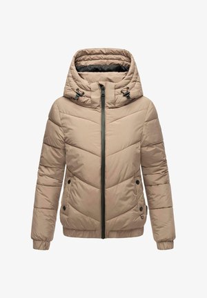 Beige, gewatteerde pufferjas met een hoge kraag, ritsluiting, twee zijzakken, een capuchon met trekkoord en ribgebreide manchetten. Voorzien van een chevronpatroon.