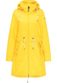 Żółty płaszcz przeciwdeszczowy z kapturem, białymi sznurkami, przednim zamkiem błyskawicznym, dwoma kieszeniami z klapkami na guziki oraz subtelnym wzorem kotwic.
