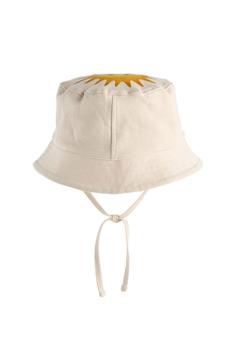Beiger Canvas-Bucket-Hut mit gelbem Sonnenmuster auf der Oberseite. Verfügt über verstellbare Bänder für einen sicheren Sitz. Weiche Textur und strukturierter Schnitt.