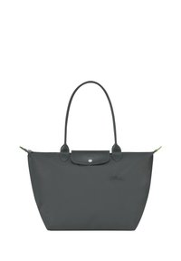 Borsa a spalla in nylon grigio con doppi manici, chiusura a pattina in pelle e bottone a pressione argentato. Presenta un logo e un accento verde sulla zip.