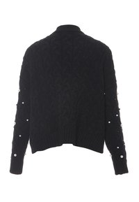 Cardigan nero a maglia con motivo a treccia, orlo a costine e maniche lunghe decorate con perle e perline nere.