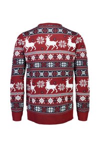 Roter gestrickter Pullover mit weißen Rentieren, Schneeflocken und geometrischen Mustern in Marineblau. Ribbelbündchen und Saum. 