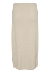 Jupe en tricot beige avec une taille élastique, présentant une texture côtelée verticale et une silhouette droite. L'ourlet est légèrement arrondi.