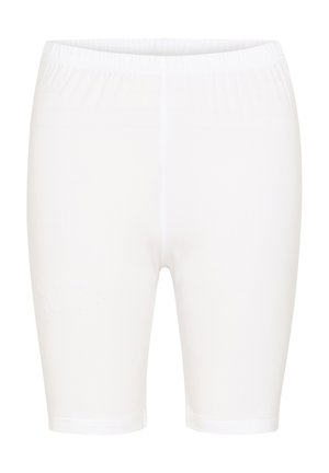 Pantalones cortos blancos elásticos con una cintura de goma. Hechos de una tela suave y lisa, con un diseño hasta la rodilla y sin patrones visibles.