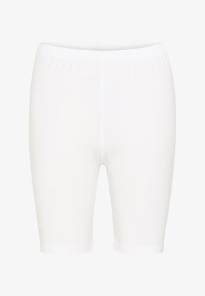 Pantalones cortos blancos elásticos con una cintura de goma. Hechos de una tela suave y lisa, con un diseño hasta la rodilla y sin patrones visibles.