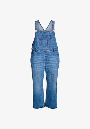 Jeanshängselbyxor med v-ringning, justerbara axelremmar, två stora framfickor och en avslappnad passform med kortade ben. Ljusblå färg.