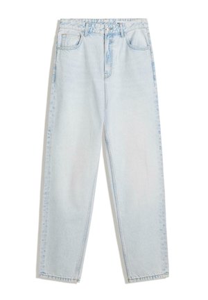 Light blue denim jeans with a high waist, straight leg design, two front pockets, and visible stitching. Textured fabric with faded wash.