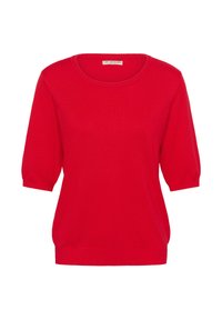 Rød strikket sweater med rund halsudskæring, korte puffede ærmer, ribbet kant og glat tekstur. Ingen mønstre eller yderligere detaljer.