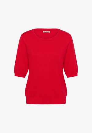 Maglione rosso a maglia con scollatura rotonda, maniche corte a palloncino, orlo a coste e texture liscia. Senza fantasie o ulteriori dettagli.