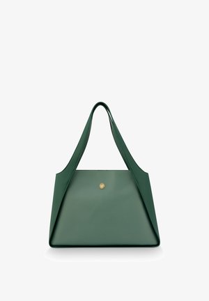 Green leather handbag with a structured design, featuring two long straps, a rounded base, and a gold-tone logo accent at the center.