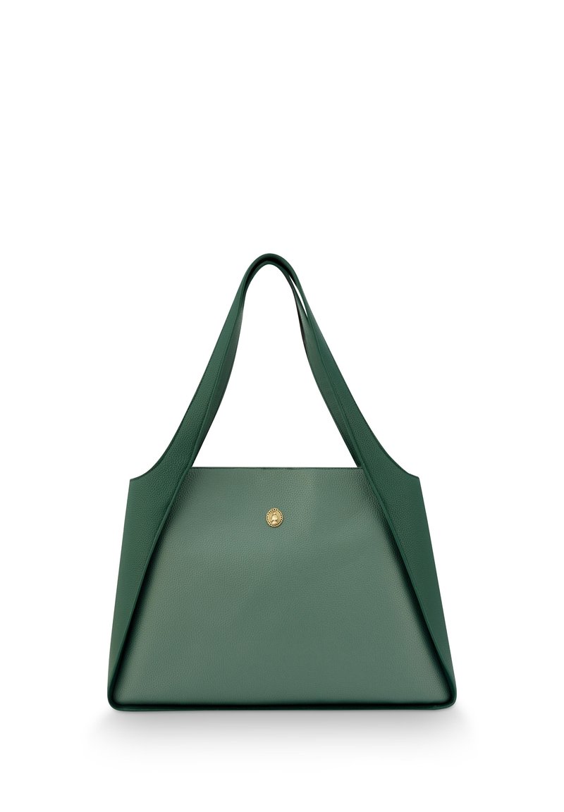 Grüne Lederhandtasche mit strukturiertem Design, ausgestattet mit zwei langen Trägern, einem abgerundeten Boden und einem goldfarbenen Logo-Akzent in der Mitte.