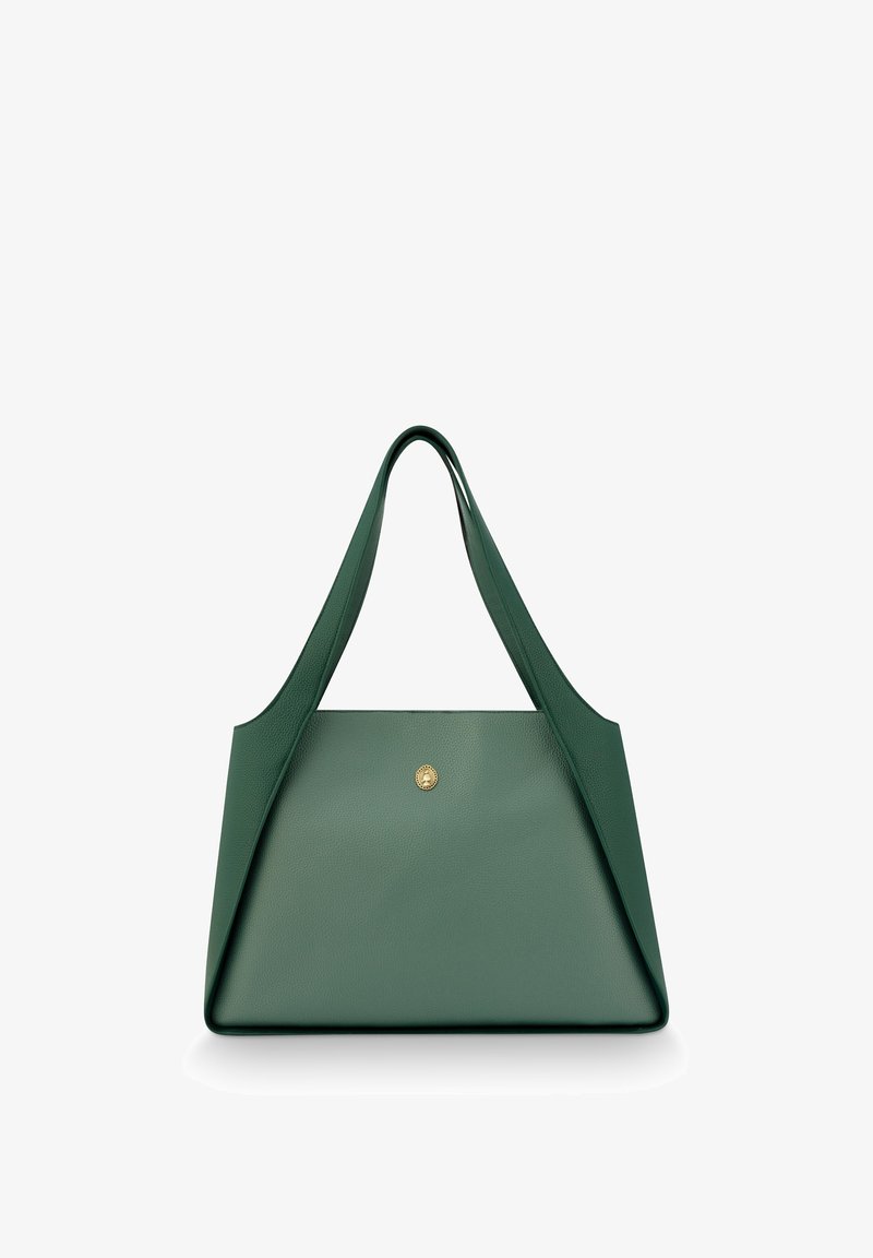 Grüne Lederhandtasche mit strukturiertem Design, ausgestattet mit zwei langen Trägern, einem abgerundeten Boden und einem goldfarbenen Logo-Akzent in der Mitte.
