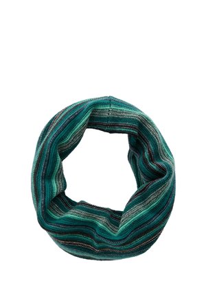 Écharpe circulaire tricotée avec des rayures horizontales dans des tons de vert, sarcelle, gris et bleu foncé sur fond blanc.