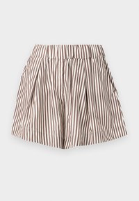 Pantalones cortos a rayas marrones y blancas de cintura alta con pliegues, una cinturilla elástica ancha y una silueta en línea A.