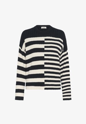 Schwarz-weiß gestreifter Pullover mit gerippter Struktur, der vorne und an den Ärmeln breite und schmale horizontale Streifen kombiniert.