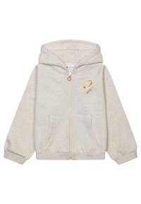 Felpa con zip color beige chiaro realizzata in morbido tessuto, con un design a forma di cuore dorato sul petto e due tasche frontali.