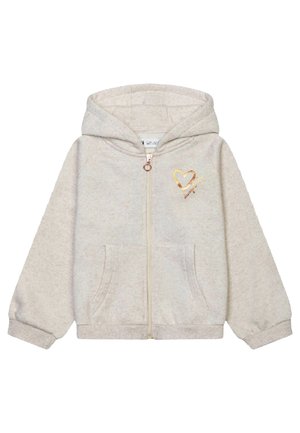 Felpa con zip color beige chiaro realizzata in morbido tessuto, con un design a forma di cuore dorato sul petto e due tasche frontali.