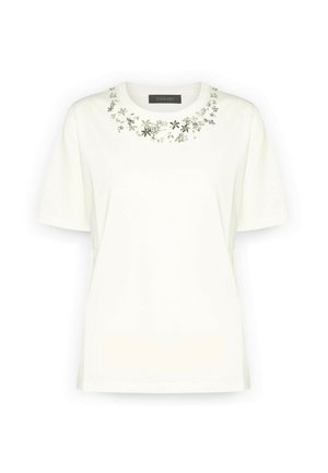 T-shirt bianco a maniche corte con ricami floreali attorno al colletto. Realizzato in cotone con una consistenza liscia. Fit casual.