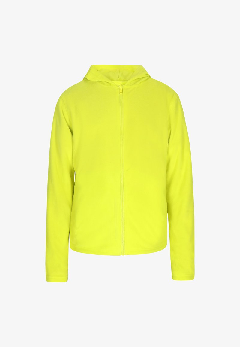 Hanorac galben strălucitor, cu fermoar, realizat dintr-un material moale și neted. Are glugă, mâneci lungi și o croială dreaptă. Fără modele sau accente.