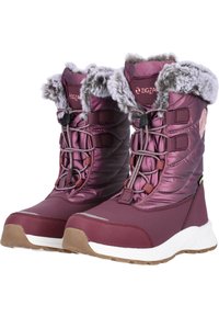 Stivali invernali color vino con rivestimento in pelliccia, materiale isolante, sistema di lacci regolabili e suola in gomma spessa per una migliore aderenza.
