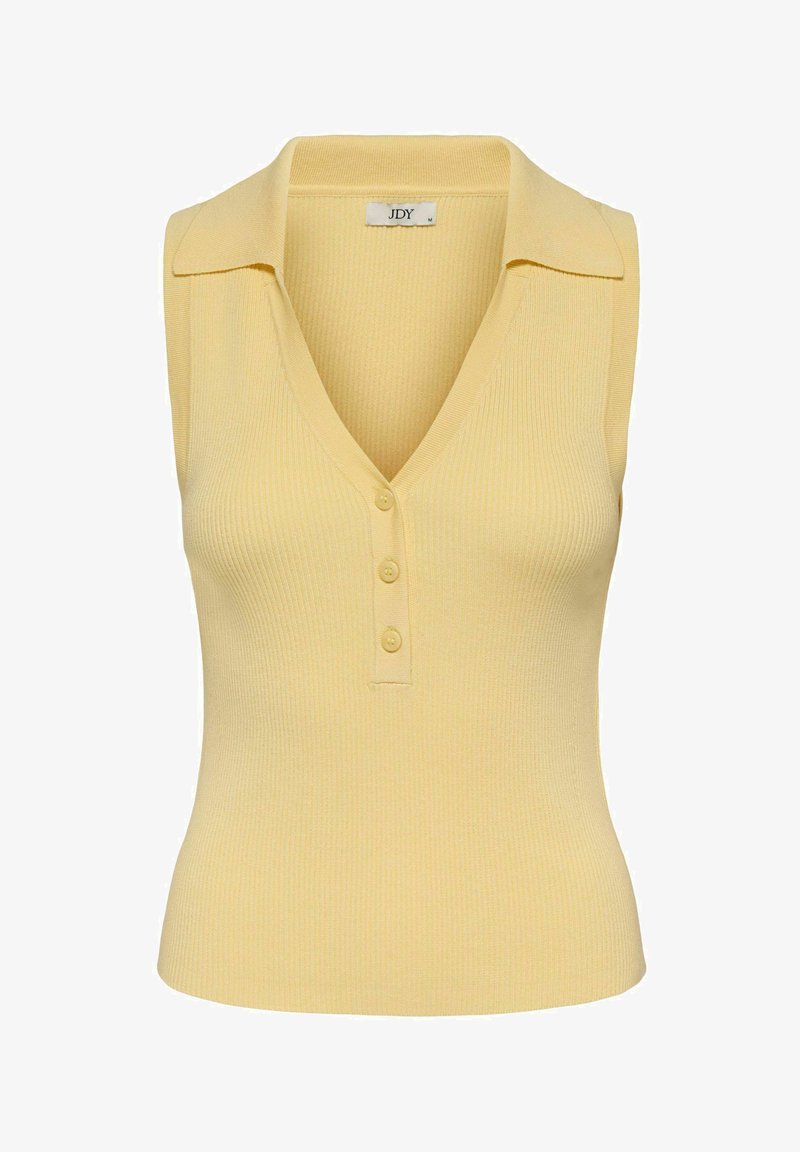 Haut jaune sans manches avec une texture côtelée, encolure en V, col et patte de boutonnage à trois boutons à l'avant. Étiquette de marque visible à l'intérieur du col.