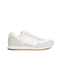 White athletic shoes featuring a mix of leather and mesh materials, a textured grey panel, flat laces, and a gum rubber sole.