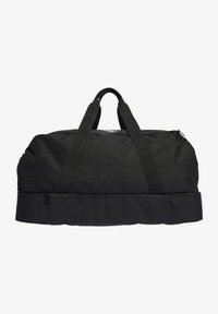 Borsa a duffel nera con una superficie testurizzata, due manici superiori e una chiusura a zip nella parte inferiore per ulteriore spazio di archiviazione.