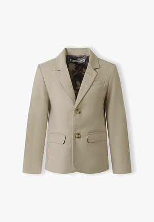 Beiger, einreihiger Blazer mit zwei vorderen Knöpfen, Revers mit Kerbung, Pattentaschen und floral gemustertem Innenfutter.