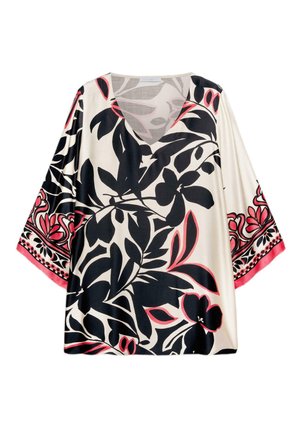 Crèmekleurige blouse met wijde mouwen, grote zwarte en roze bloemprint, V-hals en roze getailleerde rand aan de mouwen.