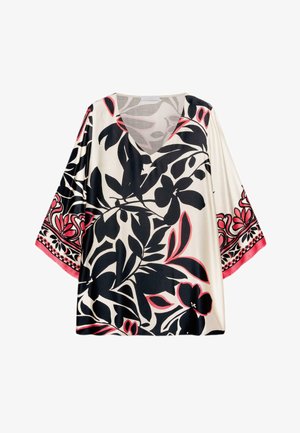Cream blouse with wide sleeves, black and pink large floral print, V-neck, and patterned pink trim on sleeves.