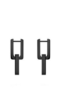 Schwarze geometrische Ohrringe mit rechteckigem Oberteil und vertikaler Stange, ausgestattet mit einer matten Oberfläche und einem eleganten Design.