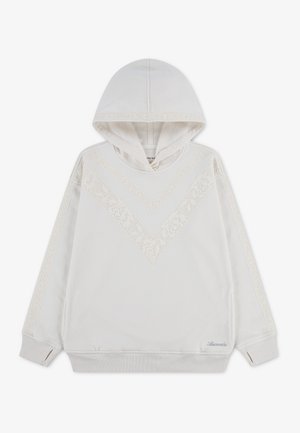 Sweat à capuche blanc avec motifs chevrons en dentelle sur la poitrine et les manches, poignets côtelés et logo brodé près de l'ourlet.