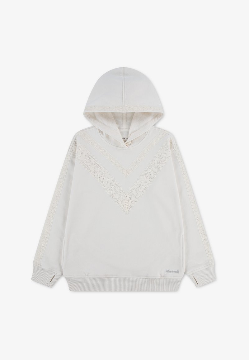 Sweat à capuche blanc avec motifs chevrons en dentelle sur la poitrine et les manches, poignets côtelés et logo brodé près de l'ourlet.