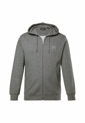 Grauer Zip-Hoodie aus weichem Stoff. Verfügt über eine Kapuze mit Kordelzug, zwei Vorderseiten-Taschen und ein kleines Logo auf der Brust. Glatte Textur.